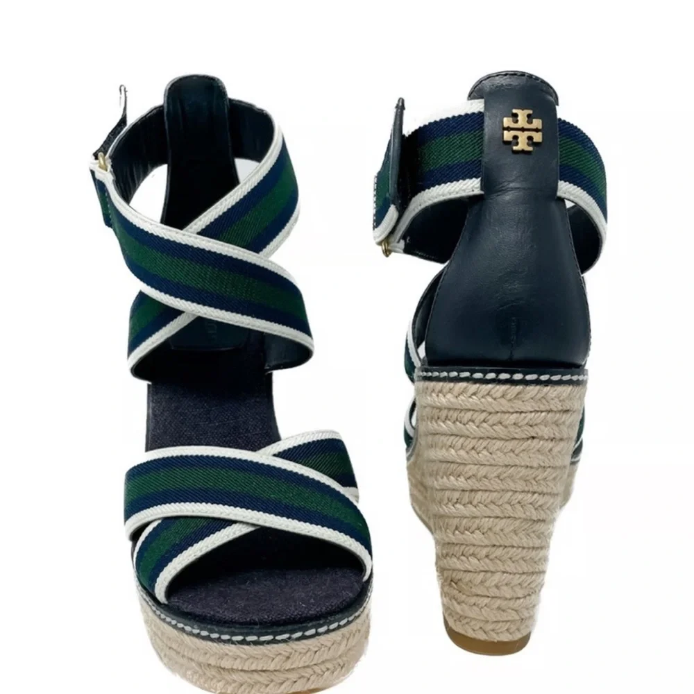 Tory Burch Striped Navy and Green Wedges